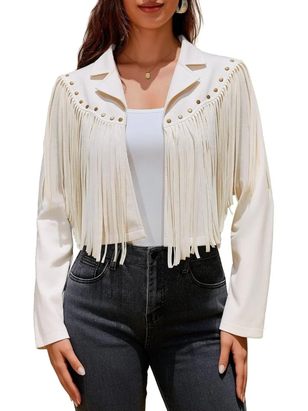 Women's Beige Fringe Faux Suede Leather Jackets Fashion Fall Western Tassel Coat